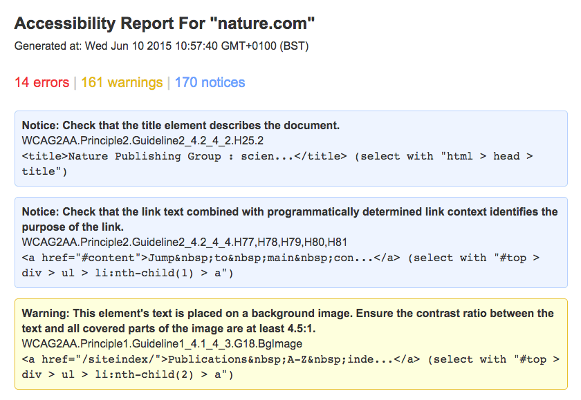 Pa11y HTML output, including dates for the run, a summary of error counts, and then details about the issues encountered on the page