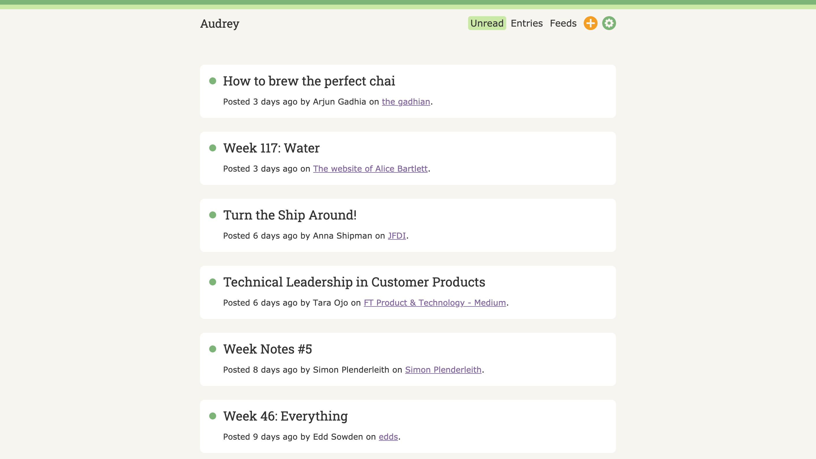 A screenshot of the Audrey home page, showing unread entries from my feeds