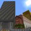 Several skyscrapers, a pub, and some terraced houses built in Minecraft
