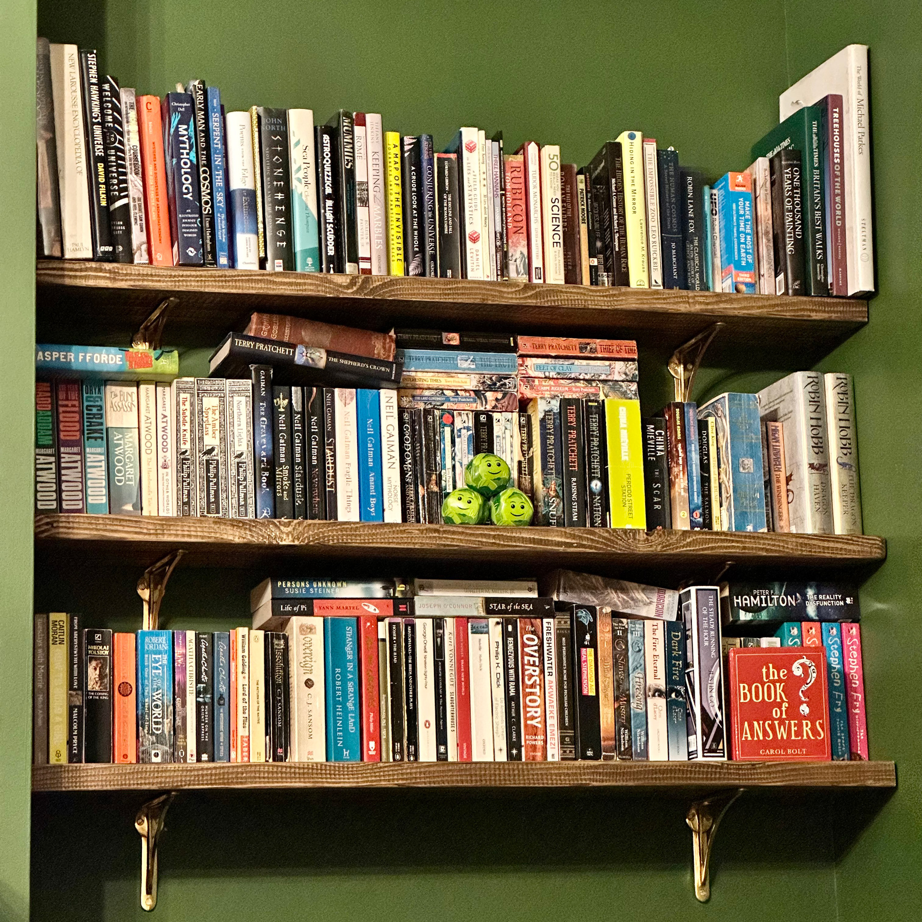 Three wooden shelves packed with books
