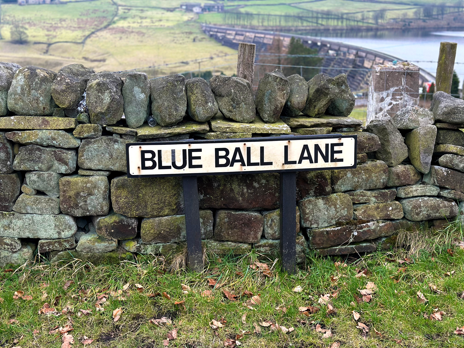 A road sign in the pretty Yorkshire countryside that reads 'Blue Ball Lane'