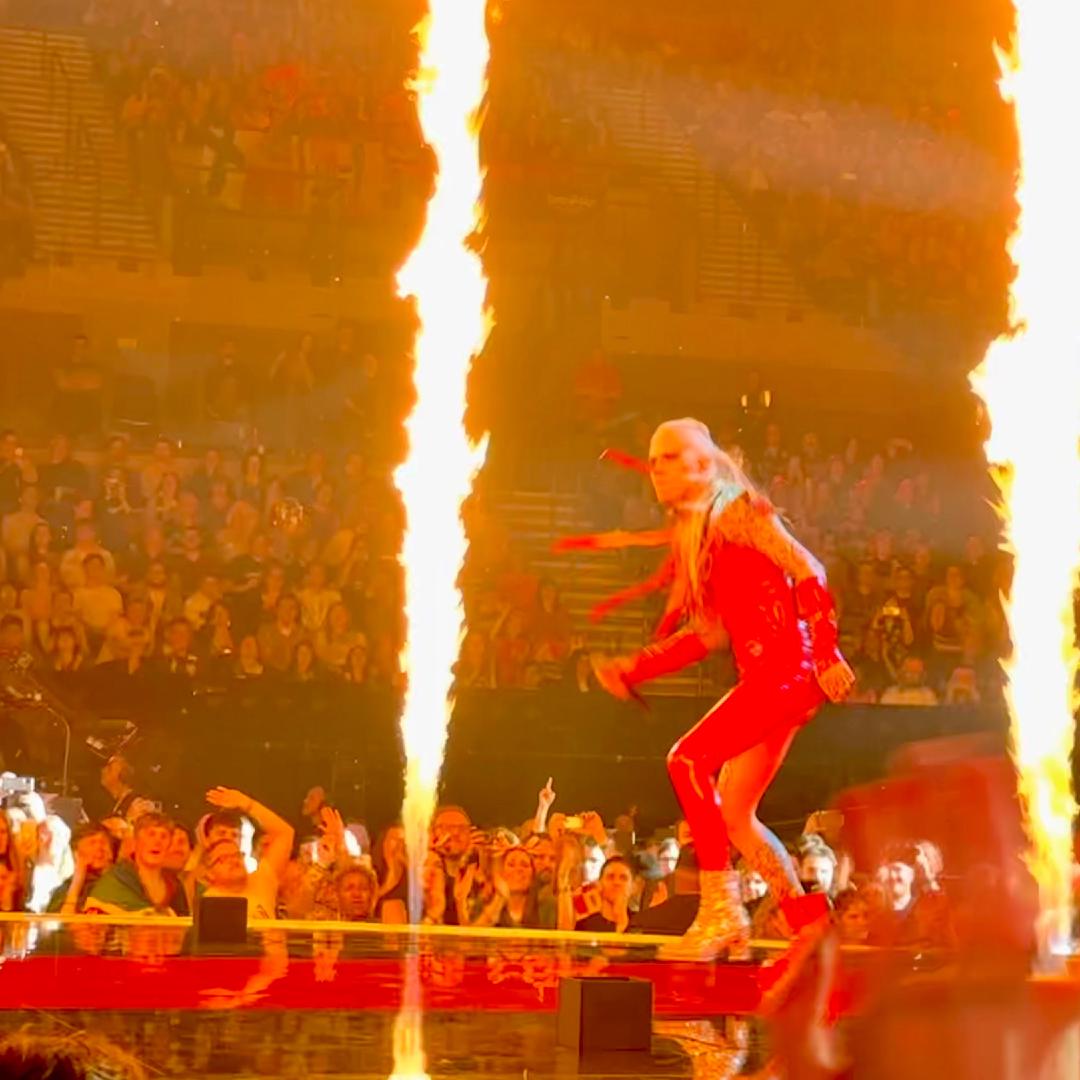 Germany's act in a red catsuit strutting through streams of fire from the pyrotechnics