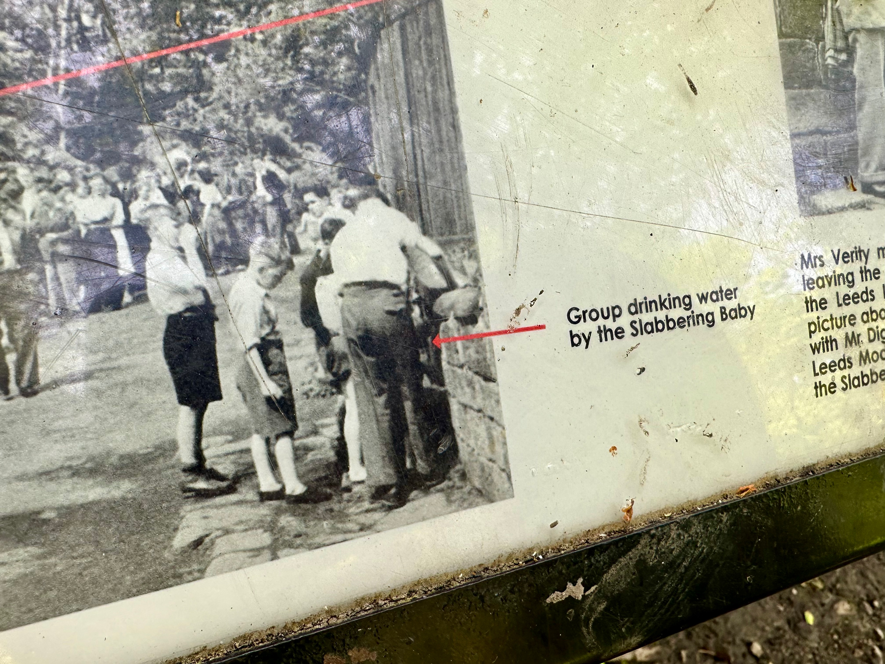 A photo of an information board in the woods, the board shows a group of children crouched by a wall, the caption reads 'Group drinking water by the Slabbering Baby'