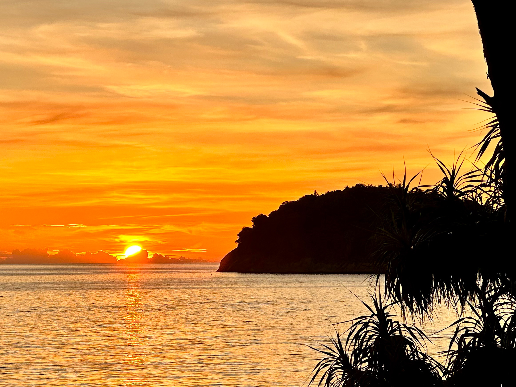 A bright orange sunset with an island and palm trees silhouetted in the foreground