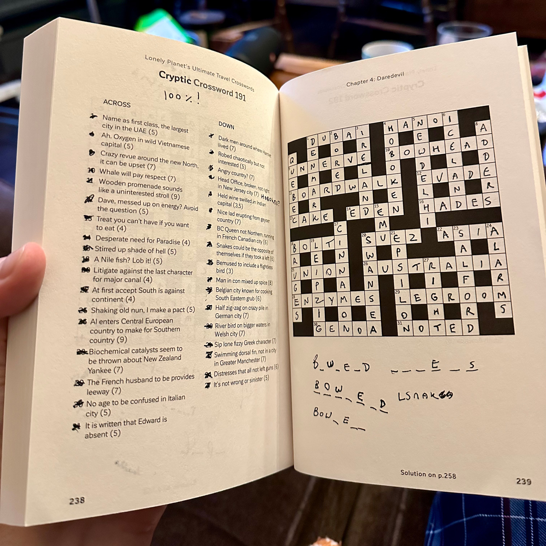 A completed cryptic crossword in a book