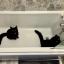 Two black cats sitting in the bath, looking up at the camera with yellow eyes