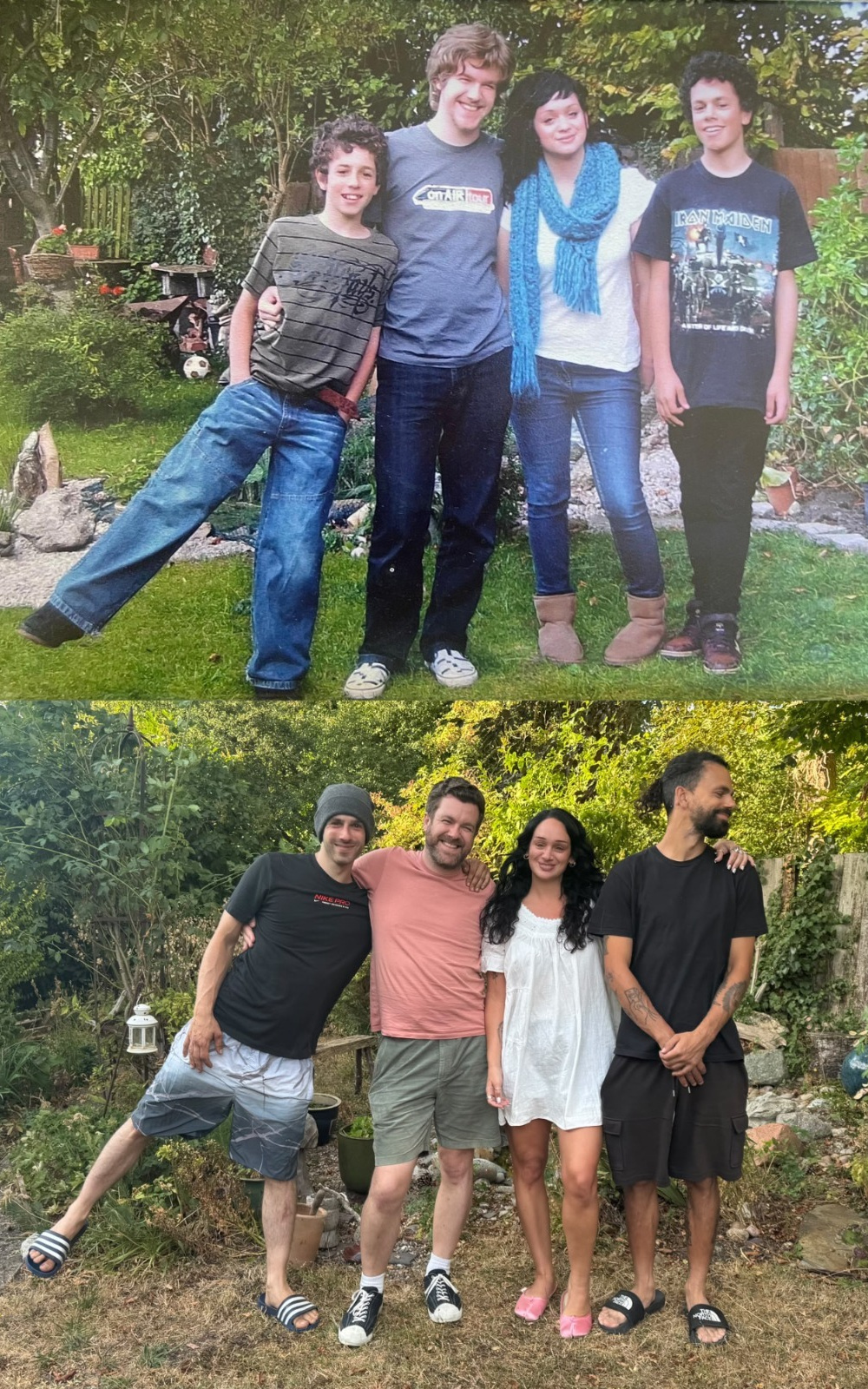 Two pictures side by side with me and my three siblings in each. We're adopting the same pose and smiling at the camera, each photo is nearly 20 years apart