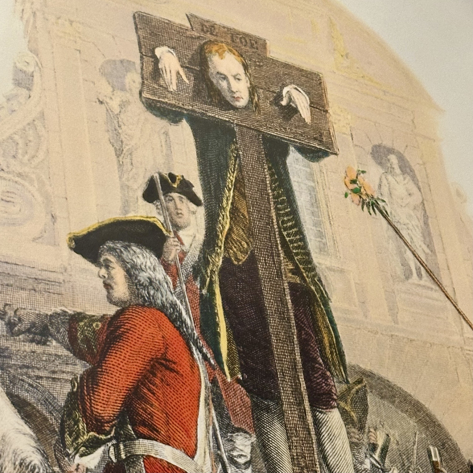 An etching of an unfortunate man being held in the stocks