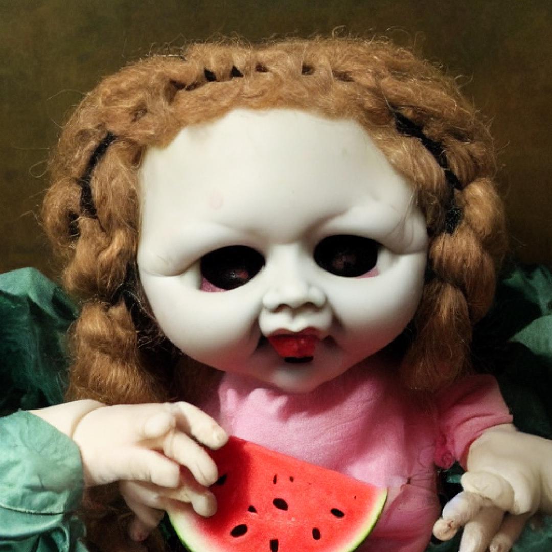 Liz the Haunted Doll eating watermelon